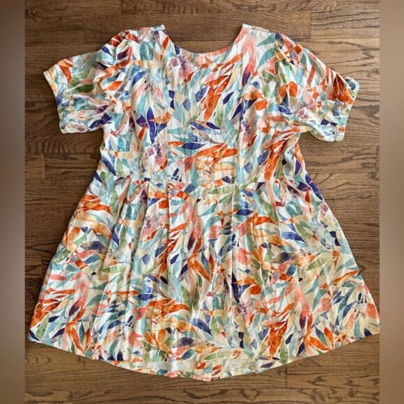 Ulla Popken Von Landen Watercolor Floral Button Front Dress 30 Linen wedding - Picture 6 of 14